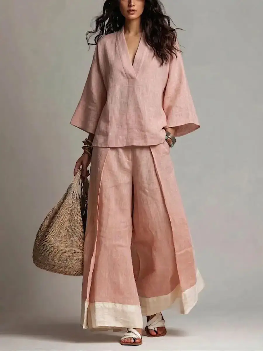 Wide-Leg V-Neck Denim Women's Matching Set