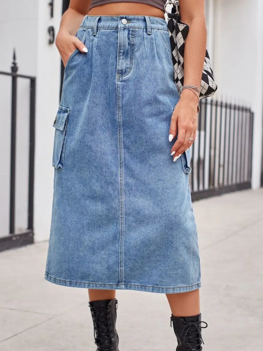 Simple Button Front Denim Detail Skirt