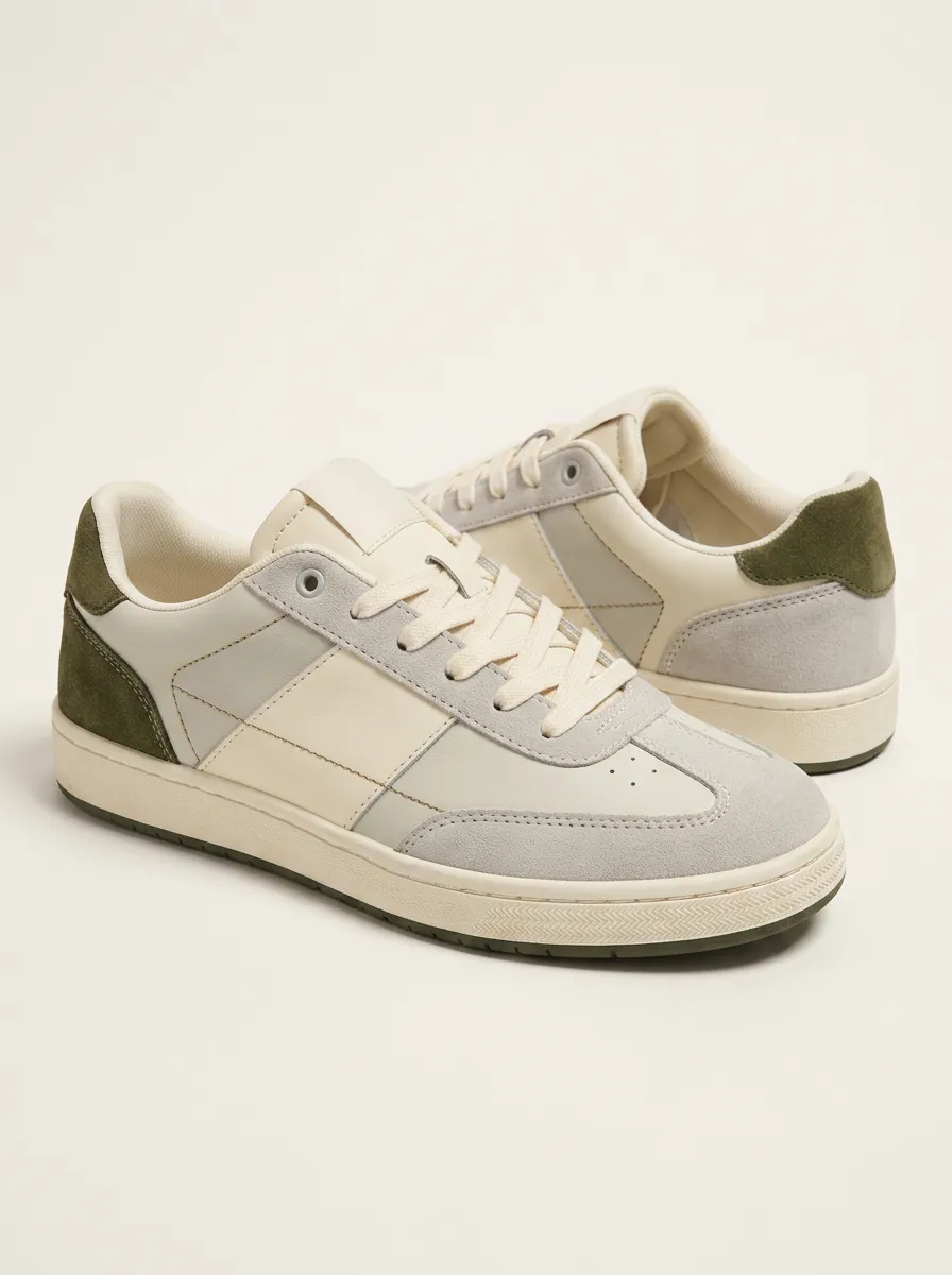 Unisex Casual Minimalist Olive Green Suede Paneled Sneakers