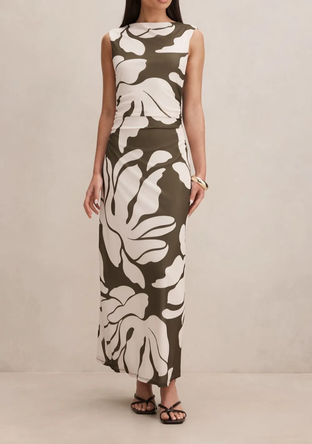 Olive White Floral Print Sleeveless Mesh Midi Dress