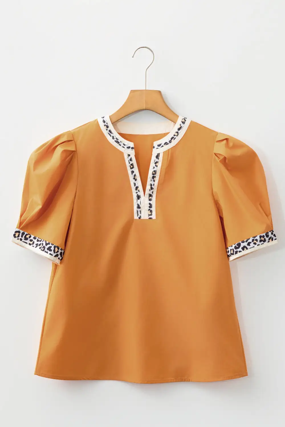 Leopard Print Puff Sleeve Split Neck Blouse
