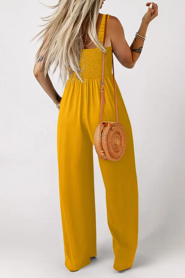 Ginger Smocked Sleeveless Wide Leg Pockets Jumpsuit