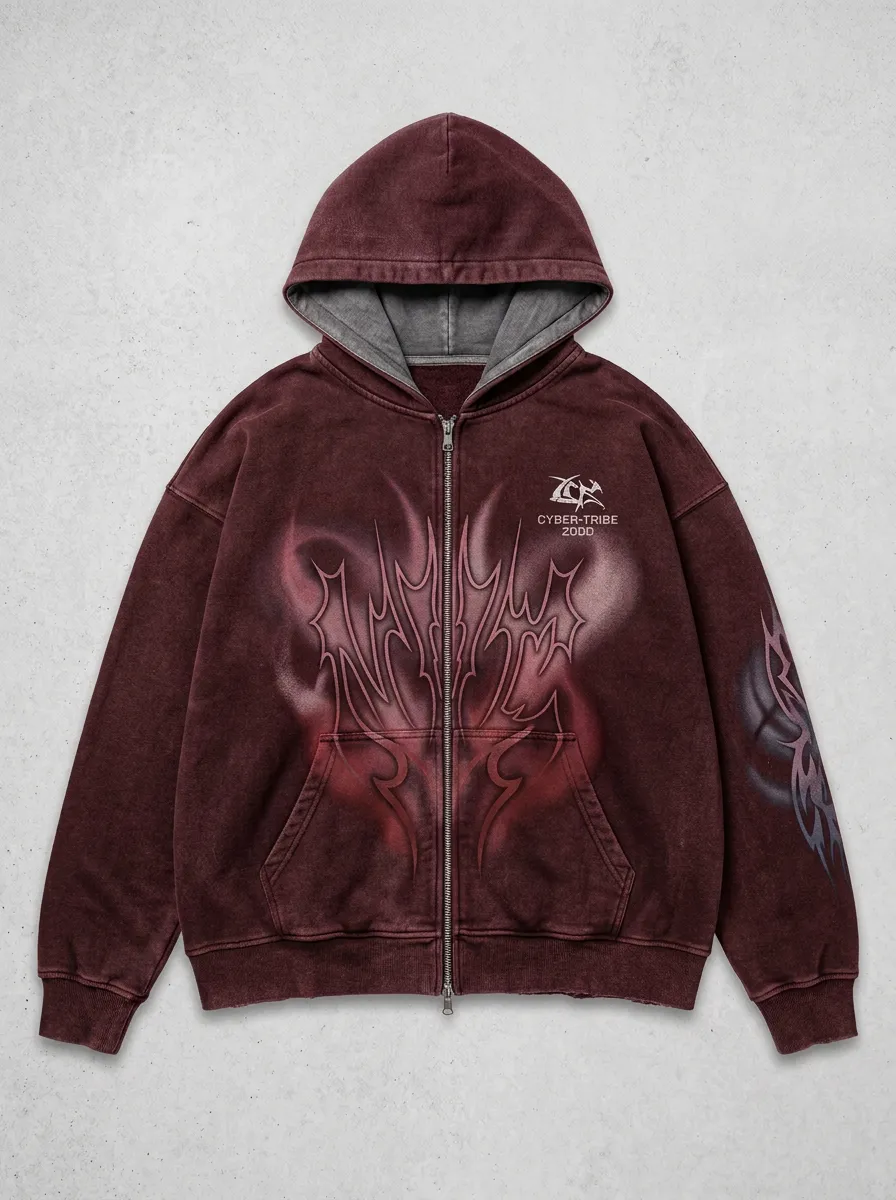 Unisex Streetwear Cyber-Tribe Tribal Graphic Printed Zip-up Hoodie