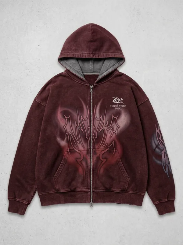 Unisex Streetwear Cyber-Tribe Tribal Graphic Printed Zip-up Hoodie