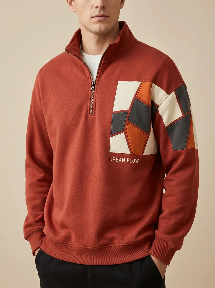 Layered Half-Zip Geometric Patchwork Men's Half-Zip Sweatshirt
