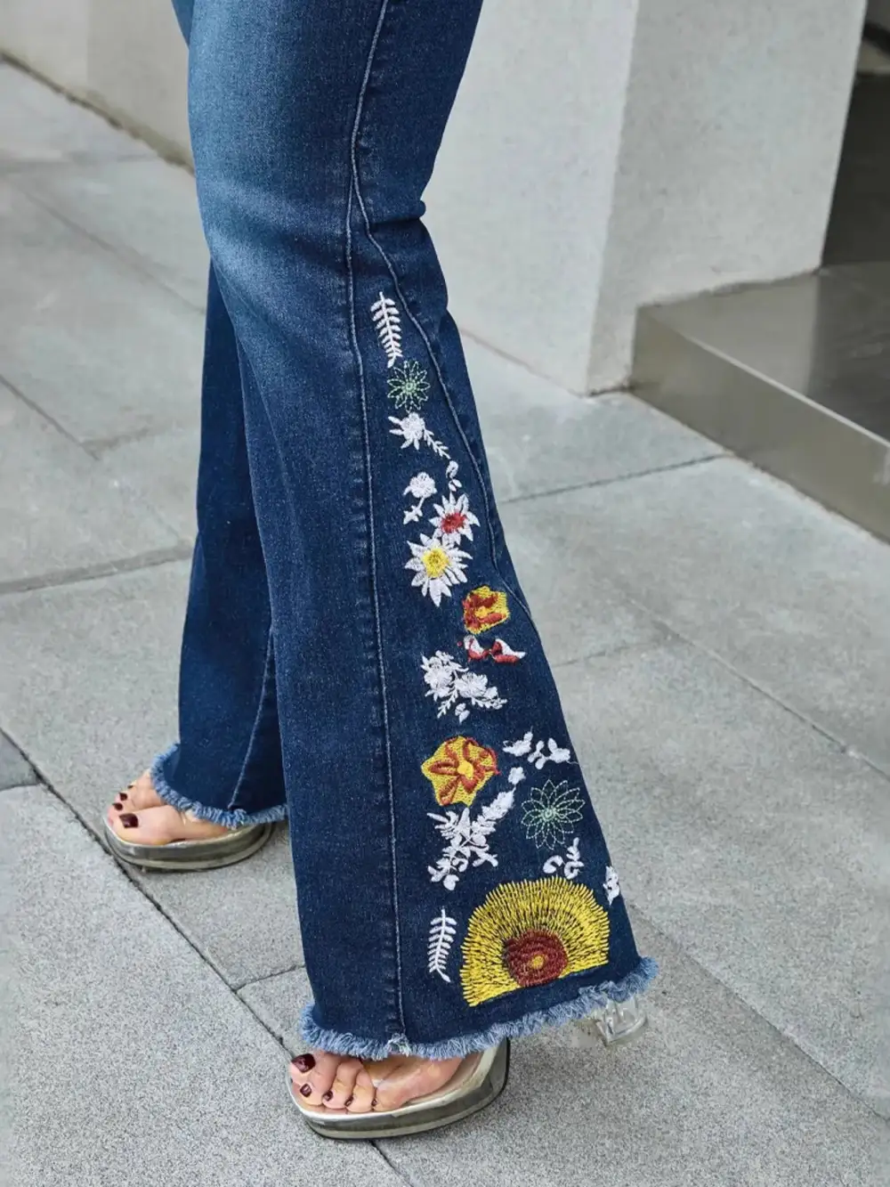 Raw Hem Embroidered High Waist Denim Jeans