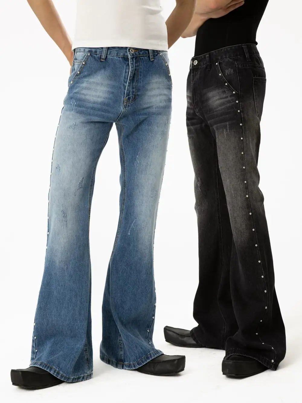 Flared Studded Contrast-Stitch Jeans