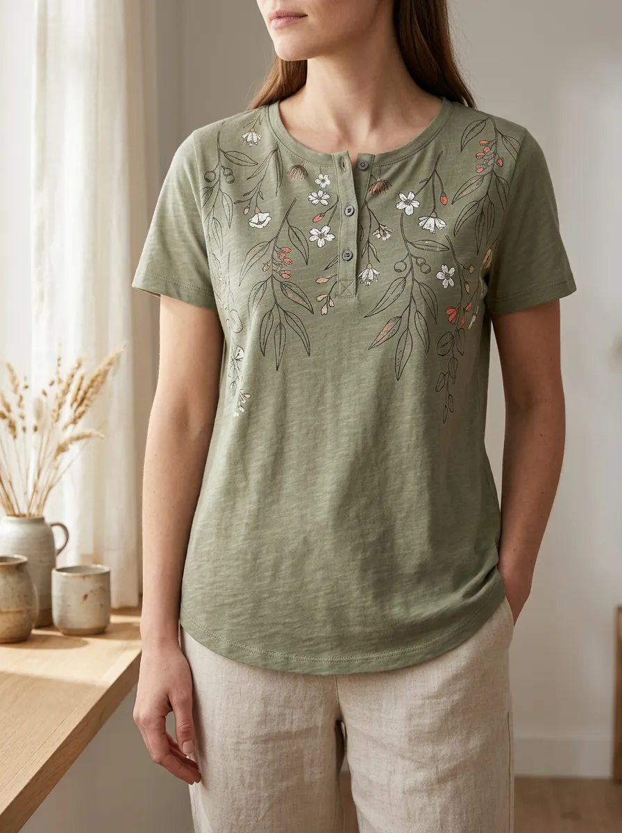 Women's Botanical Floral Olive Green Printed Henley T-shirt