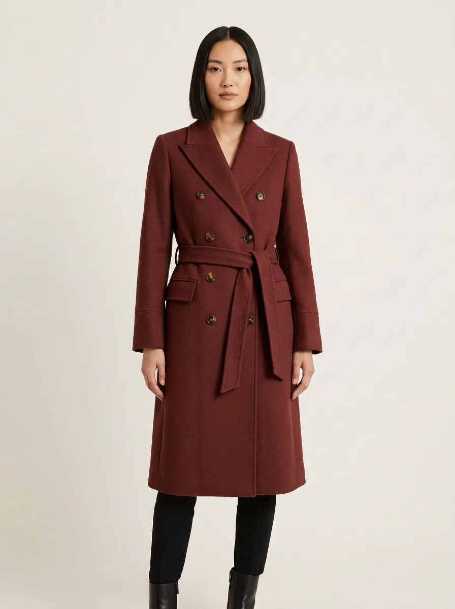 Women's Camel Double-Breasted Belted Wool Trench Coat