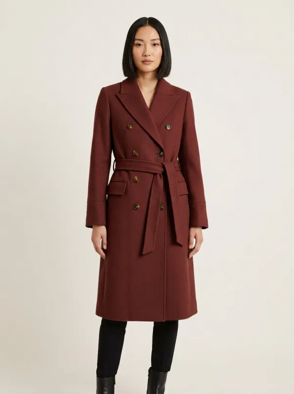 Women's Camel Double-Breasted Belted Wool Trench Coat