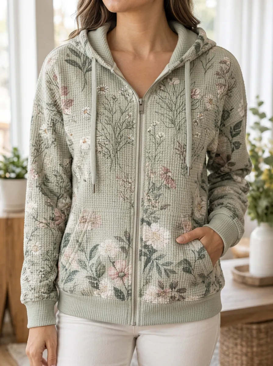 Women's Sage Green Floral Signature Print Waffle Zip-Up Hoodie