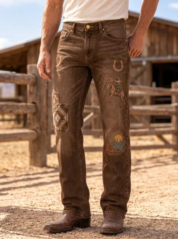 Men's Classic Western Cowboy Rodeo Horseshoe Horse Jeans