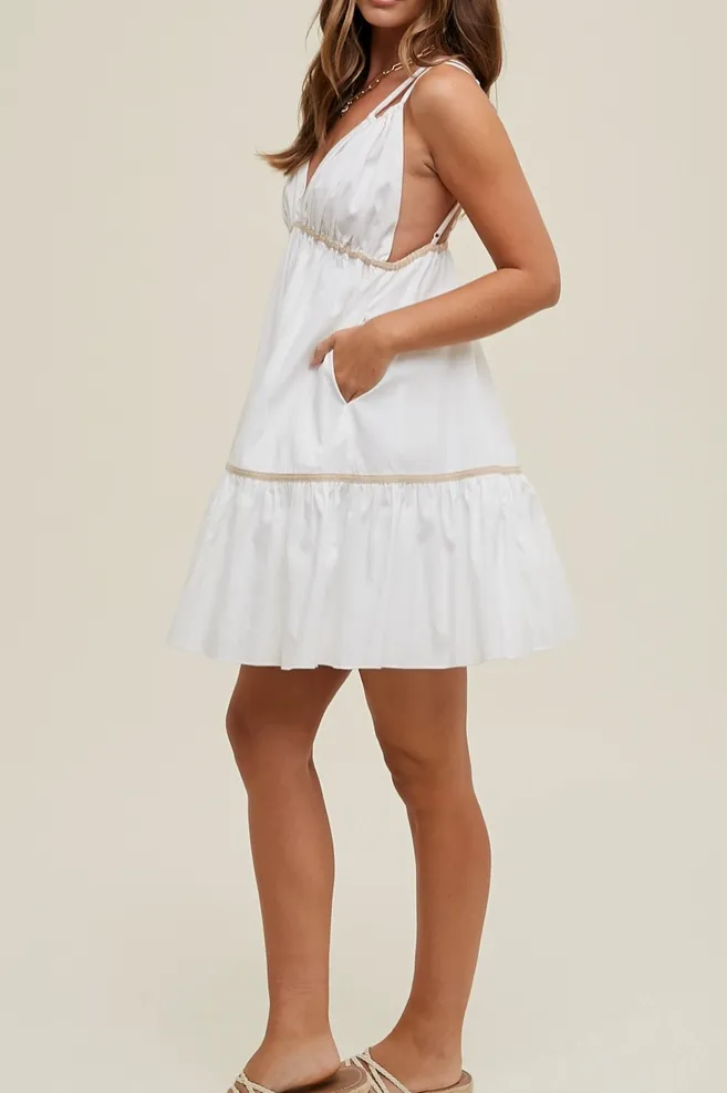 White Poplin Tiered V-Neck Mini Dress