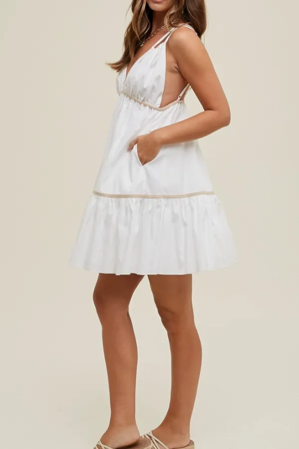 White Poplin Tiered V-Neck Mini Dress