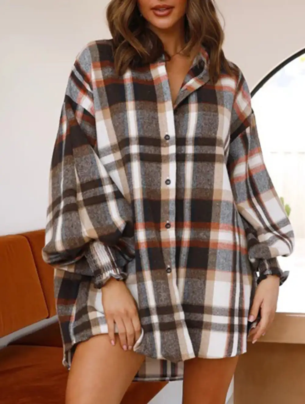 Plaid Lantern Sleeve Shirt