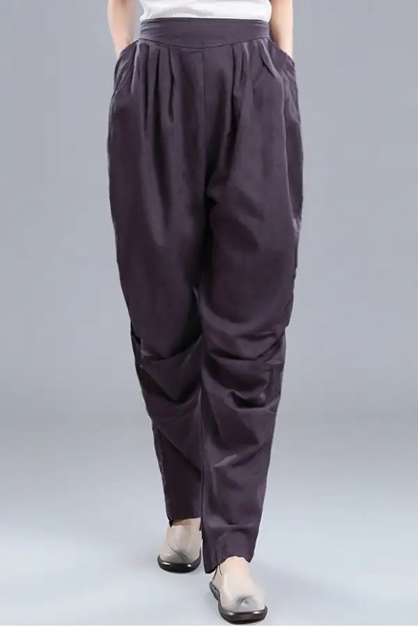 Contemporary Linen Cotton Wide Leg Elastic Waist Pocketed Trousers