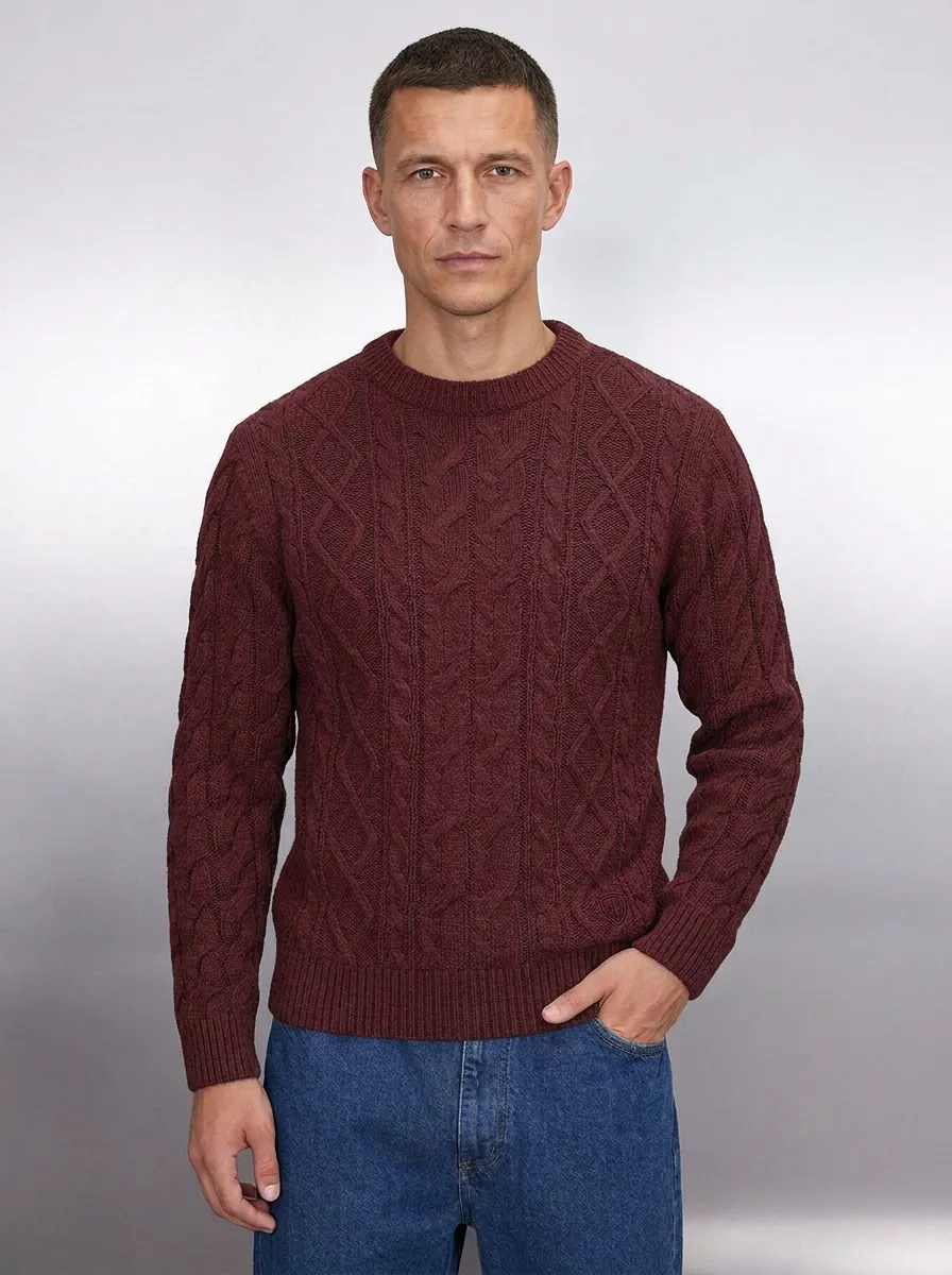 Men's Charcoal Grey Casual Grey Cable Knit Pattern Knit Sweater