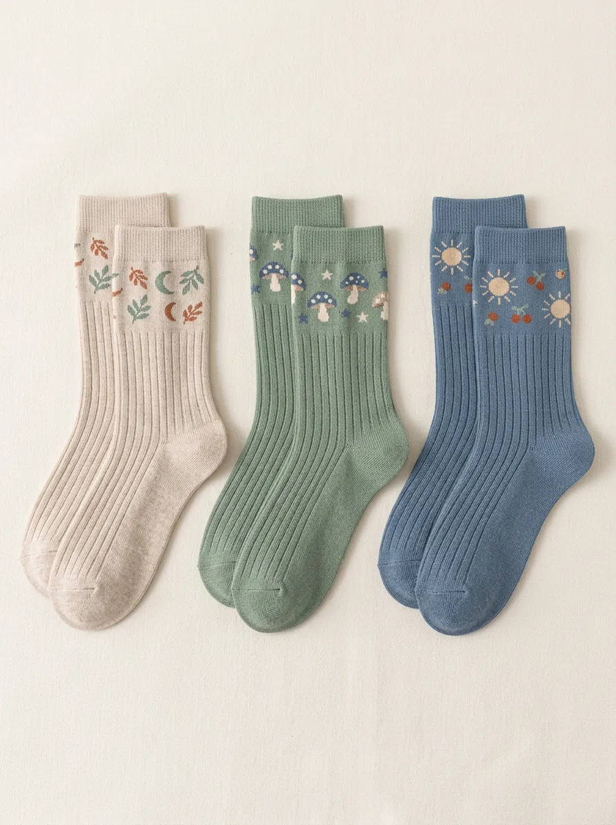 Women's Three-Pair Mushroom Moon & Sun Ribbed Crew Sock Set