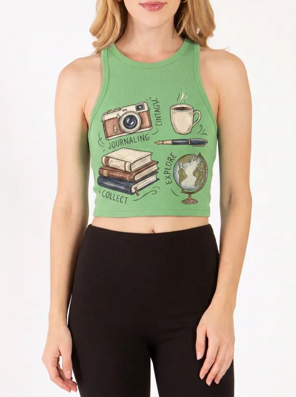 Women's Travel Journaling Hobby Camera Globe Books Printed Crop Tank Top