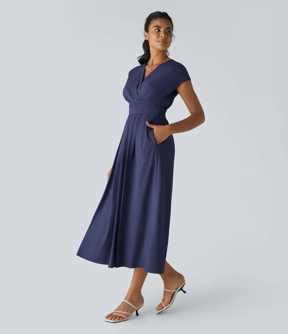 Breezeful V Neck Short Sleeve Side Pocket Tie Back Quick Dry Midi Casual Dress