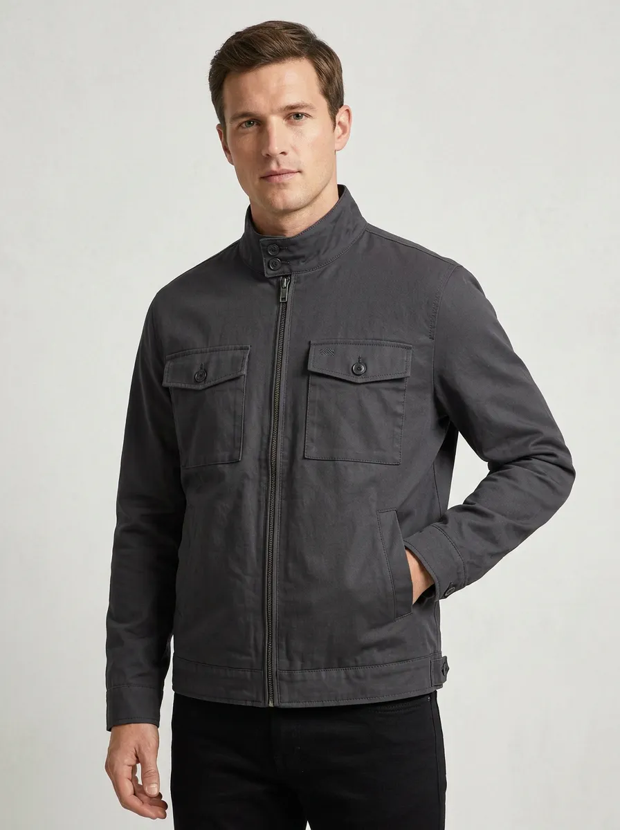 Men's Casual Minimalist Charcoal Grey Zip-Up Utility Jacket