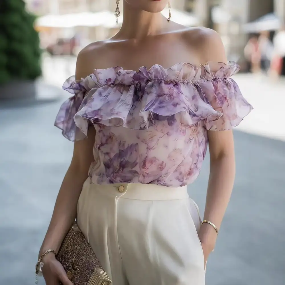 Printed Chiffon Off Shoulder Top