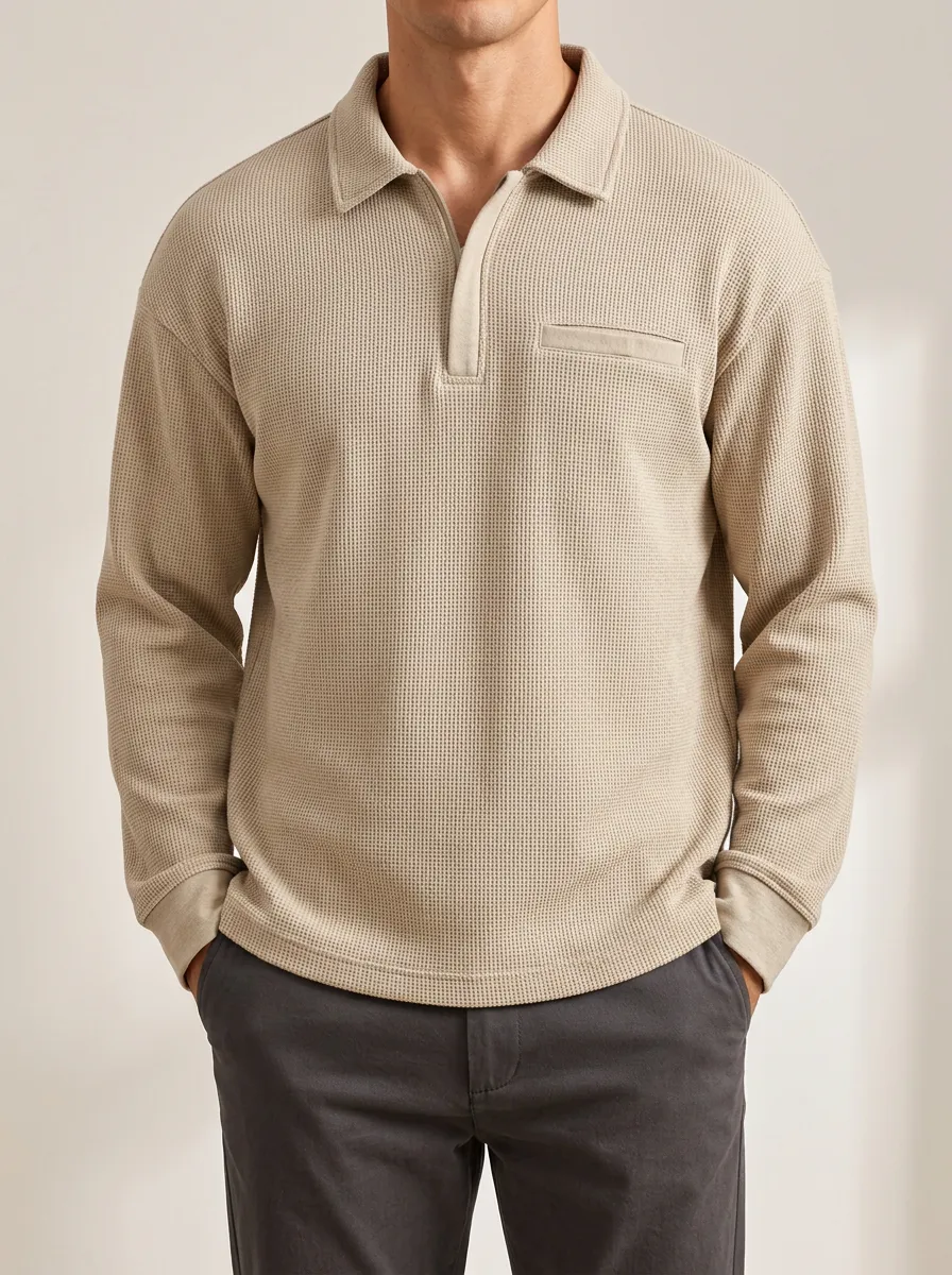 Contemporary Casual Waffle Knit Texture Quarter-Zip Pullover