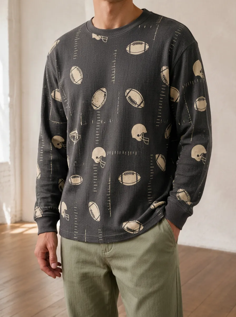 Men's Football Fan Helmet Ball Pattern Printed Long Sleeve Top