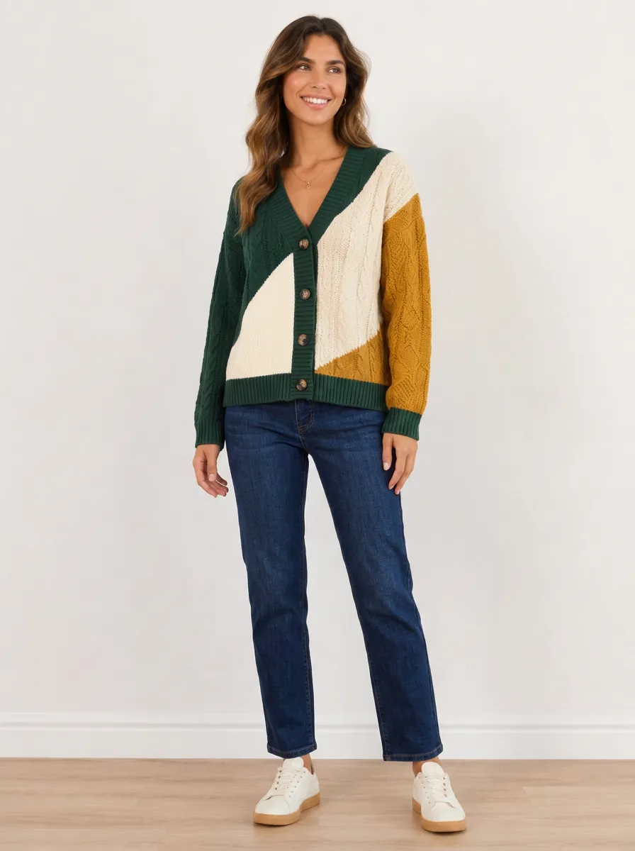 Women's Colorblock Cable Knit V-Neck Button Cardigan Top