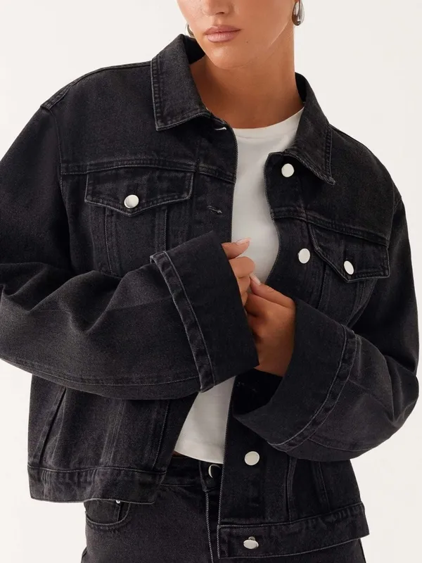 Button-Down Cropped Oversized Denim Jacket