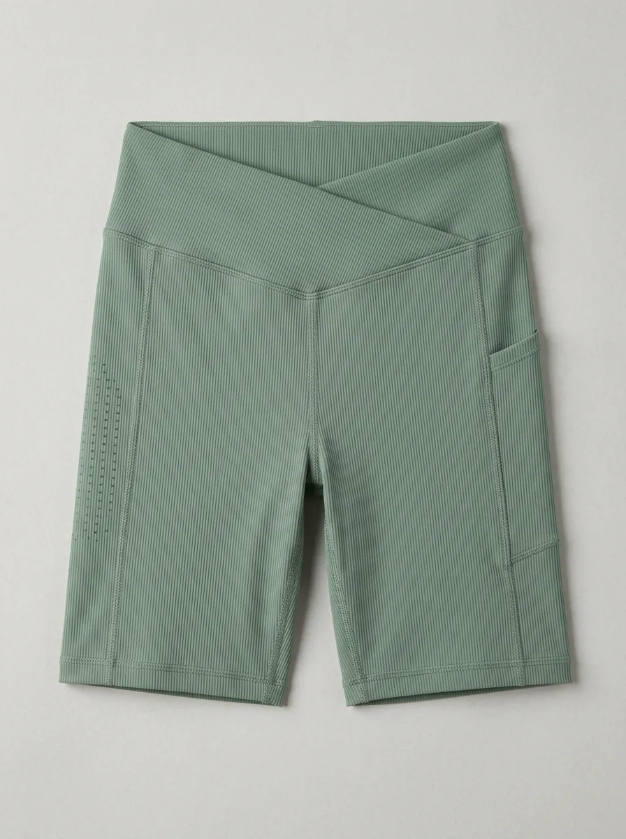 Women's Flex Yoga Fitness Ribbed Crossover Pocket Biker Shorts