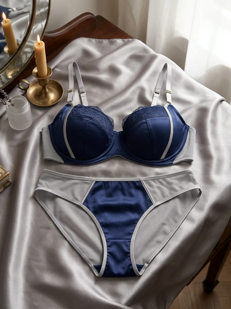 Women's Lace Satin Contrast Trim Lingerie Set