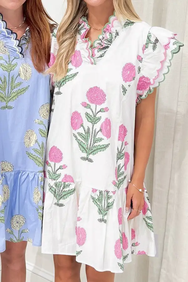 Gathered Detail Floral Printed V Neck Mini Dress