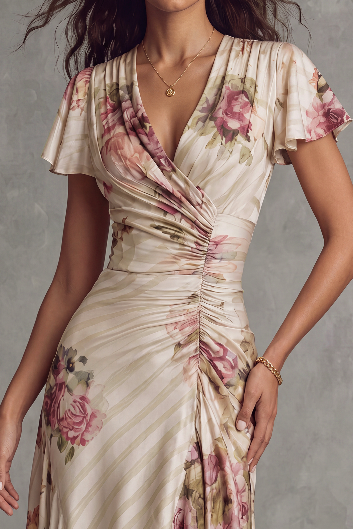 Classic Ruched Floral Midi Dress