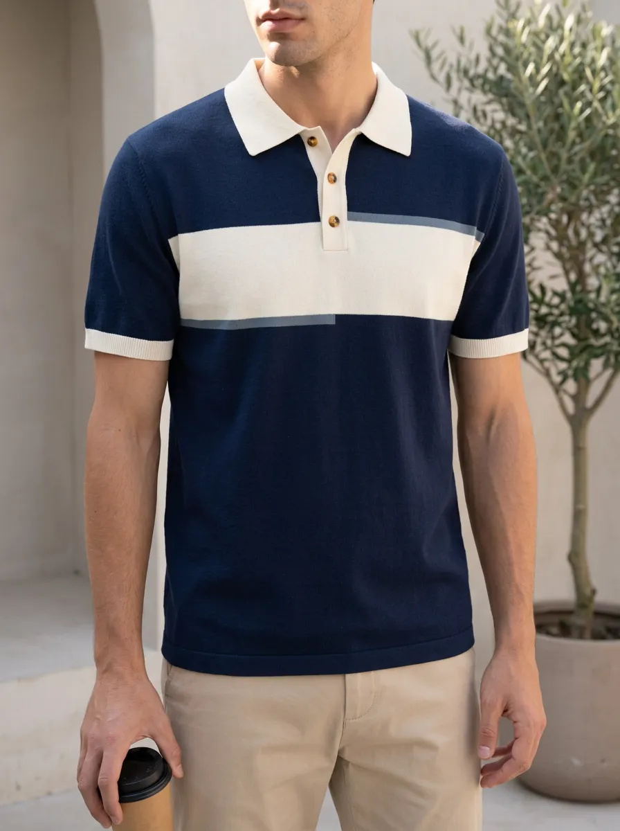 Men's Casual Navy White Colorblock Striped Knit Polo Shirt