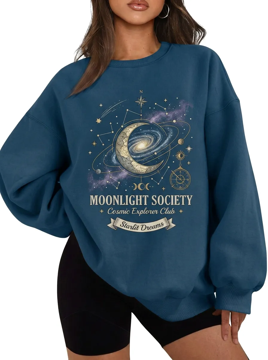 Women's Celestial Moon Galaxy Moonlight Society Printed T-shirt