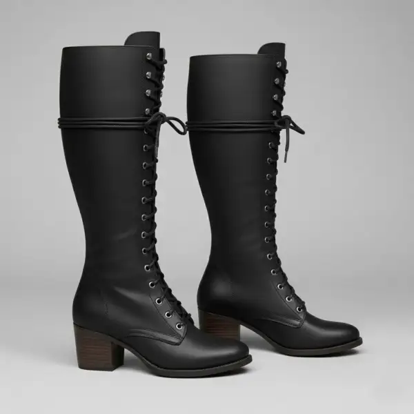 Lace Up Knee Tall Boots Block Heel Modern Tall Combat Boots