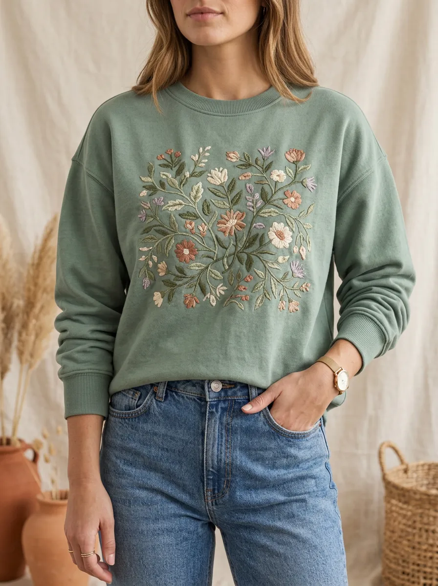 Women's Refined Embroidered Graphic Botanical Floral Crewneck Sweatshirt