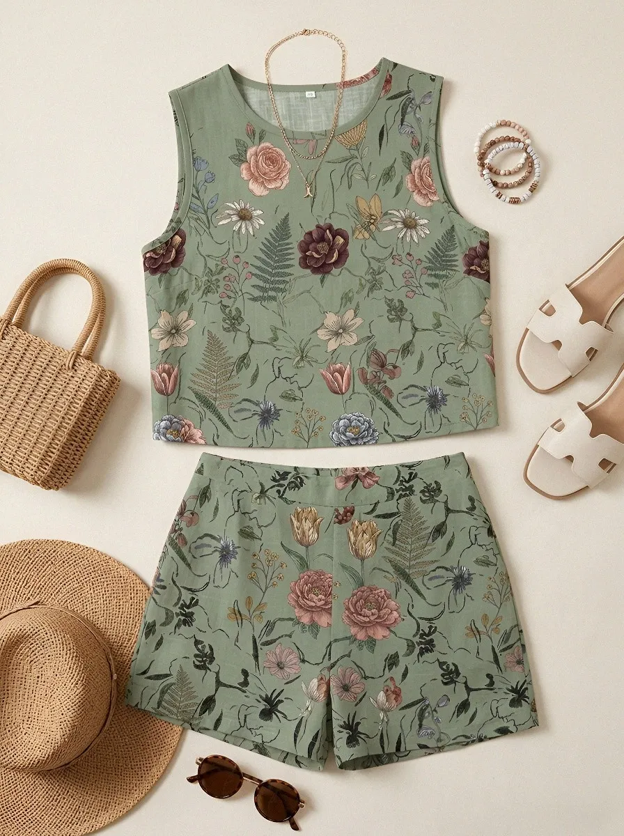 Women's Vintage Botanical Floral Printed Sleeveless Shorts Set