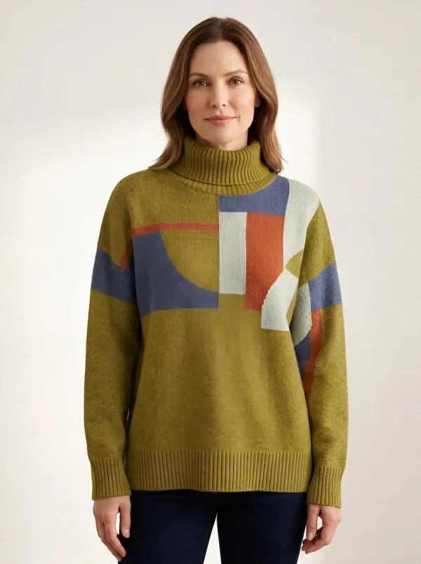 Women's Abstract Geometric Colorblock Printed Turtleneck Sweater