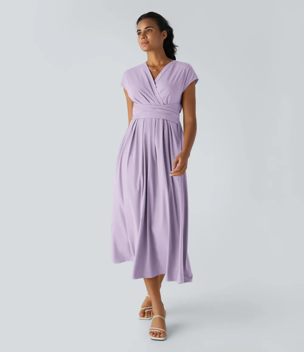 Breezeful V Neck Short Sleeve Side Pocket Tie Back Quick Dry Midi Casual Dress