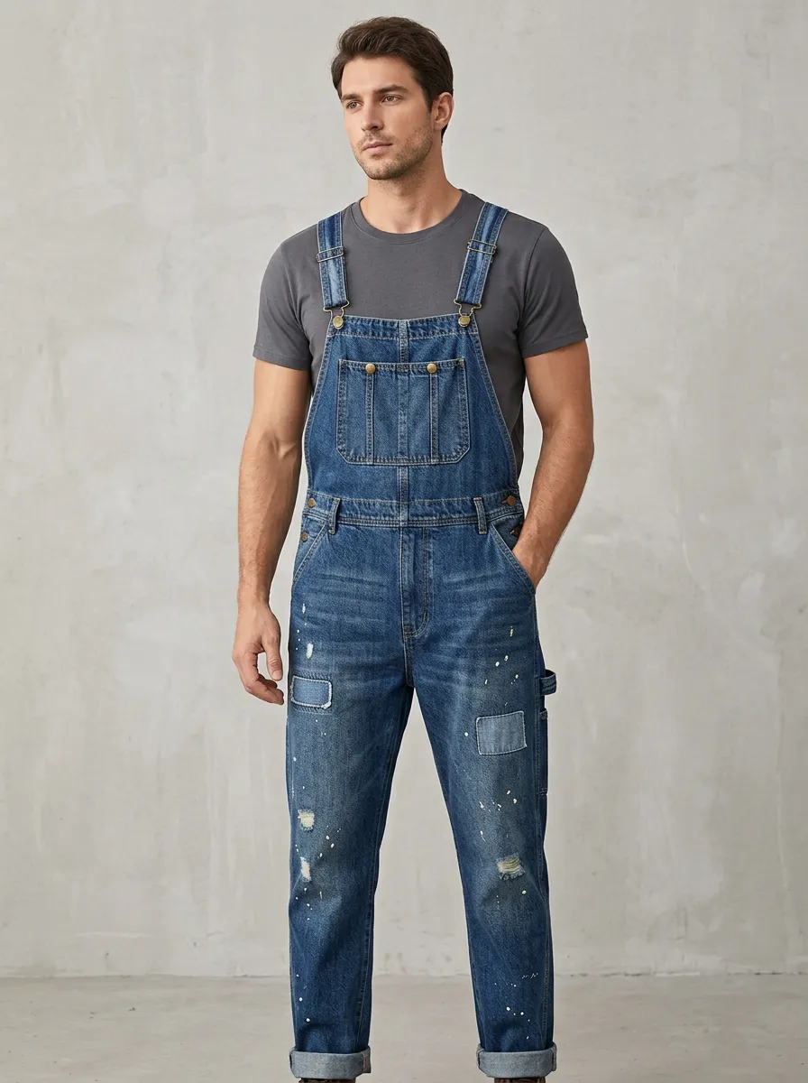 Men's Distressed Vintage-Inspired Paint-Splatter Denim Bib Overalls