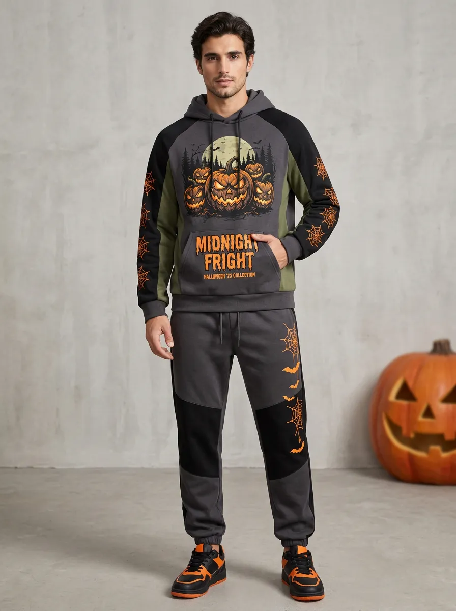 Men's Halloween Midnight Fright Pumpkin Spiderweb Printed Tracksuit