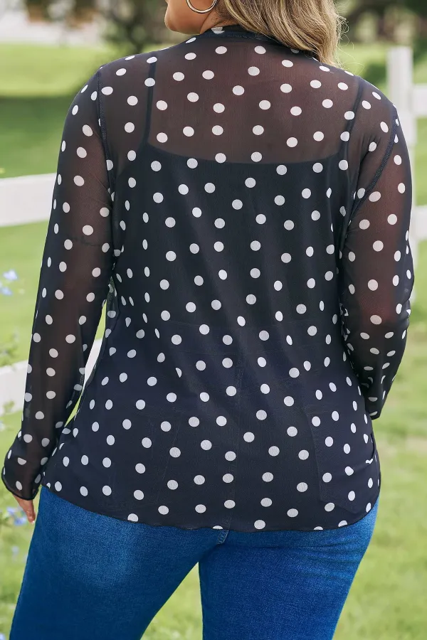 Polka Dot Stand Neck Mesh Relaxed Stretch Fabric Long Sleeve Top
