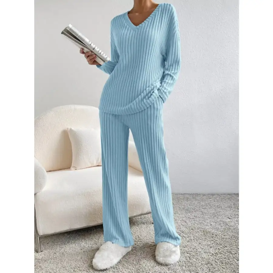 Classic Ribbed Knit Long Sleeve Top and Pants Set