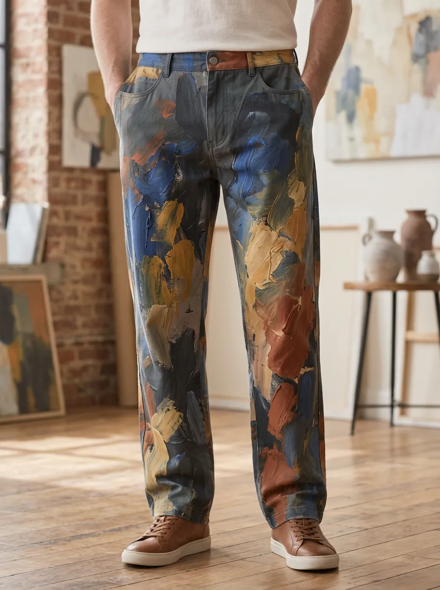 Men's Painterly Print Straight-Leg Trousers