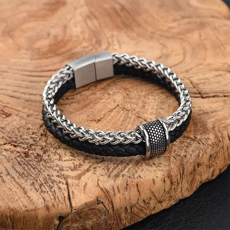 Leather Double Layer Titanium Steel Magnetic Buckle Bracelet