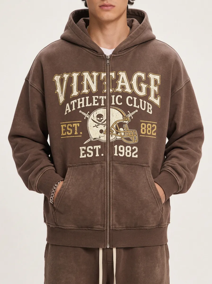 Men's Vintage Athletic Club Skull Football Helmet Printed Zip-up Hoodie