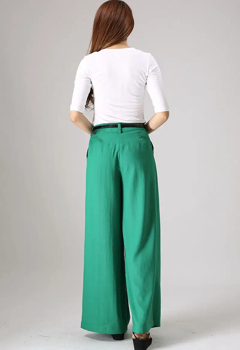 Tailored Linen Cotton Palazzo Wide Leg Belted Trousers