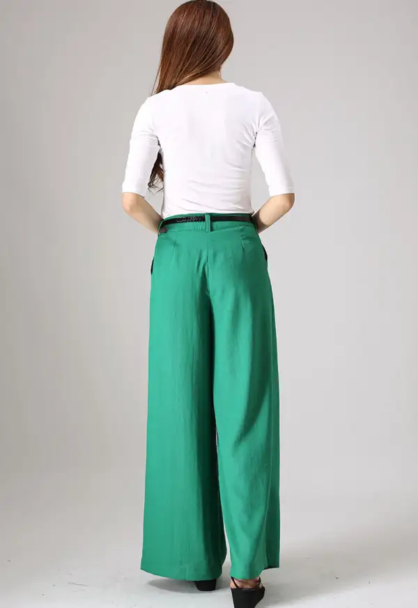 Tailored Linen Cotton Palazzo Wide Leg Belted Trousers
